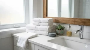 A modern bathroom vanity styled with white affordable bath towels and a small succulent plant.