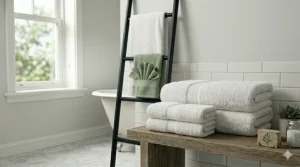Two everyday bath towels hanging elegantly from a matte black double towel bar in a modern bathroom.