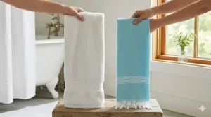 A side-by-side comparison illustrating the thinner profile and compact fold of a summer bath towel compared to a bulky standard towel.