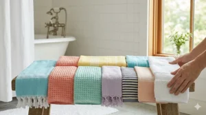 A palette visualization showing the vibrant and pastel color trends available in a collection of lightweight summer bath towels.