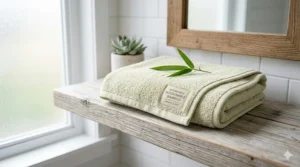 Eco-friendly and affordable bath towels made from organic bamboo fibers with a green leaf accent.