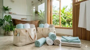 Lightweight and thin quick-dry bath towels rolled up to show space-saving benefits for humid coastal homes.