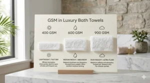 A 4K photorealistic infographic comparing three white towel cross-sections—400 GSM, 600 GSM, and 900 GSM—demonstrating how different GSM weights impact plushness and absorbency for luxury bath towels.