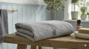 Close-up detail of a gray waffle weave linen bath towel showing the breathable fabric loops.