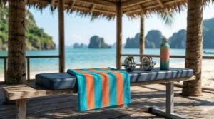 A small quick dry towel draped over gym equipment, ideal for summer workouts and sweat management.