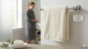 A high-absorbency velour bath towel hanging on a polished chrome towel rack.