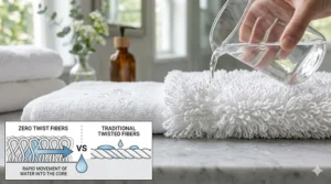 An illustration showing a zero twist bath towel quickly absorbing water droplets compared to standard towels.