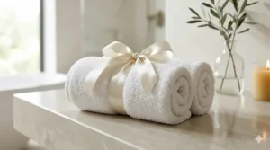 A rolled set of spa quality bath towels for home tied with a silk ribbon, perfect for gifting.