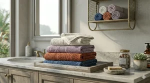 A stack of decorative jacquard bath towels in various neutral and vibrant color palettes for home styling.