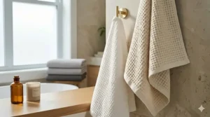A waffle weave bath towel hanging on a rack, highlighting its fast-drying properties.
