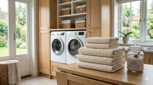 A set of decorative jacquard bath towels shown after laundering to demonstrate their long-lasting design and quality.