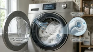 An illustration showing ultra plush bath towels maintaining their softness and loft after multiple laundry cycles.