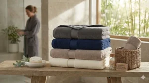 Sustainably sourced organic cotton velour bath towels displayed in a minimalist spa setting.