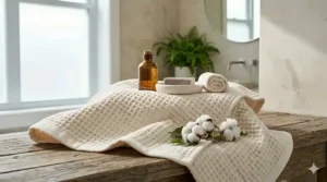 An organic cotton waffle weave bath towel displayed in a sustainable home setting.
