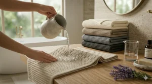 Illustrating the quick-dry, high-absorbency performance of luxury spa waffle bath towels.