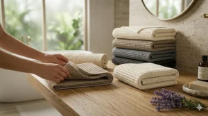 Demonstrating how to fold luxury spa waffle bath towels for an elegant, spa-like storage aesthetic.