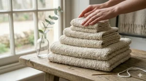 Iconography showing the best care practices to maintain the softness of traditional terry cloth bath towels.