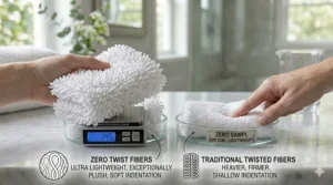A visual representation of a lightweight yet high-density zero twist towel being held to show its softness.