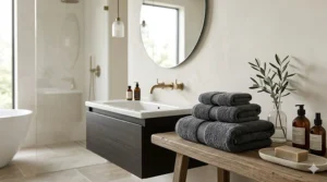 Neatly folded grey spa quality towels on a modern bathroom vanity for a home spa feel.