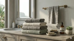 A modern, spa-like bathroom interior featuring neatly folded decorative jacquard bath towels on a wooden vanity.