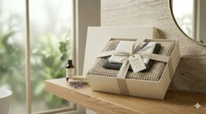 Beautifully packaged luxury spa waffle bath towels ready for gifting, tied with a natural linen ribbon.