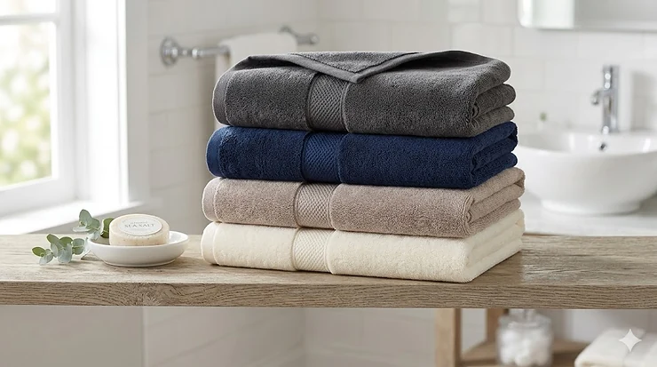 A luxurious set of plush velour bath towels stacked neatly on a clean wooden shelf.