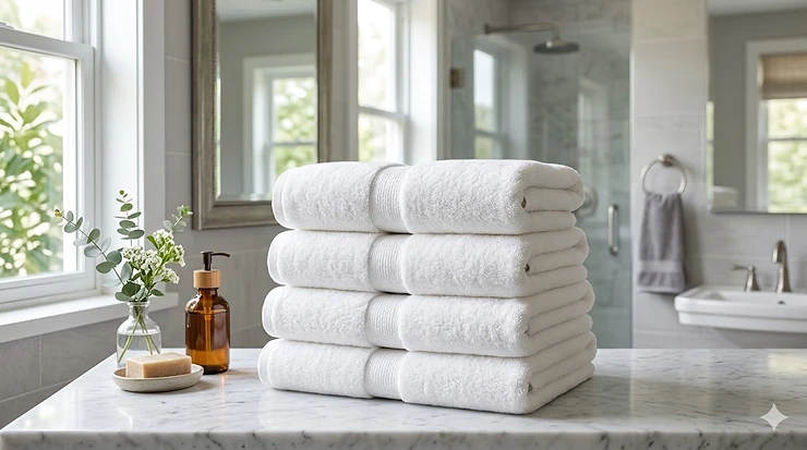 A stack of fluffy white zero twist bath towels neatly folded on a marble bathroom vanity.