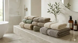 A collection of spa quality bath towels for home in neutral earth tones like beige, sage, and sand.