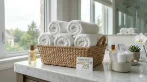 An illustration of an OEKO-TEX certification tag on a high-quality organic cotton bath towel.