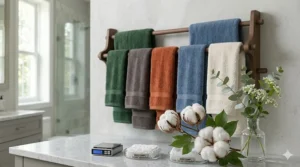 An illustration of raw organic cotton stalks next to a finished zero twist bath towel.