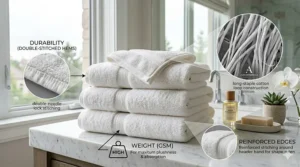 Illustration of double-stitched side hems on a luxury bath towel for long-lasting durability.
