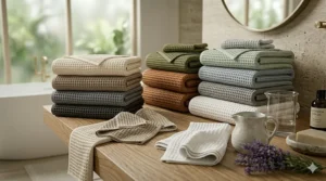 A diverse collection of luxury spa waffle bath towels displayed in various neutral, calming spa color palettes.