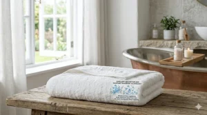 A serene bathroom scene featuring the softest ultra plush bath towels draped over a freestanding tub.