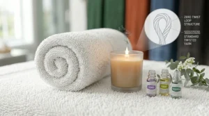 A rolled-up zero twist bath towel sitting next to a candle and essential oils for a spa-like atmosphere.