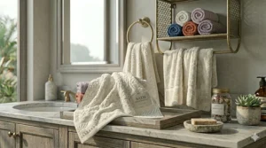 Decorative jacquard bath towels artfully draped over a towel rack to demonstrate their soft, plush feel.