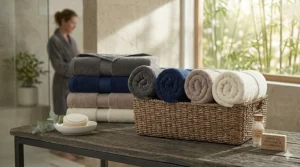 Decorative styling of velour bath towels rolled in a basket to create a spa-like bathroom aesthetic.