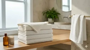 A minimalist bathroom interior styled with folded white waffle weave bath towels.