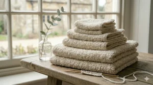 Size comparison guide for standard traditional terry cloth bath towels and oversized bath sheets.