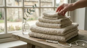 A color palette displaying various dyed shades of traditional terry cloth bath towels for bathroom decor.