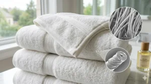 Close-up illustration of long-staple Turkish cotton fibers used in hotel quality bath towels.