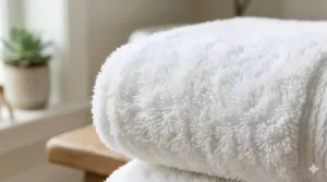 Close-up texture of high-GSM Turkish cotton used in spa quality bath towels for home.