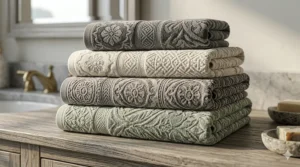A display of different decorative jacquard bath towels showcasing geometric, floral, and damask patterns.