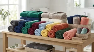 A vibrant display of velour bath towels in various colors arranged in a color gradient.
