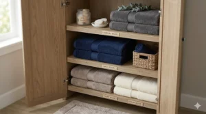 Elegantly folded velour bath towels organized inside a modern bathroom linen closet.