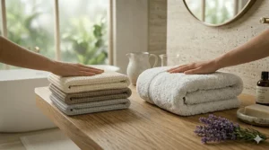 Side-by-side comparison showing the lightweight breathability of luxury spa waffle bath towels versus traditional terry.