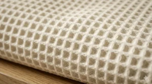 Close-up detail of the signature grid texture of luxury spa waffle bath towels showcasing high-quality cotton.