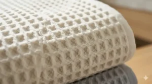 Close-up view showing the signature honeycomb texture of high-quality waffle weave bath towels.