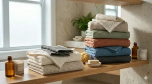 A variety of waffle weave bath towels in neutral and earthy tones stacked on a wooden shelf.