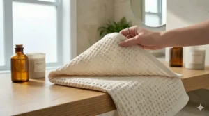 A clean, freshly washed waffle weave bath towel being unfolded to show durability.