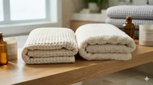 Side-by-side comparison illustrating the lightweight structure of waffle weave towels versus plush terry cloth.
